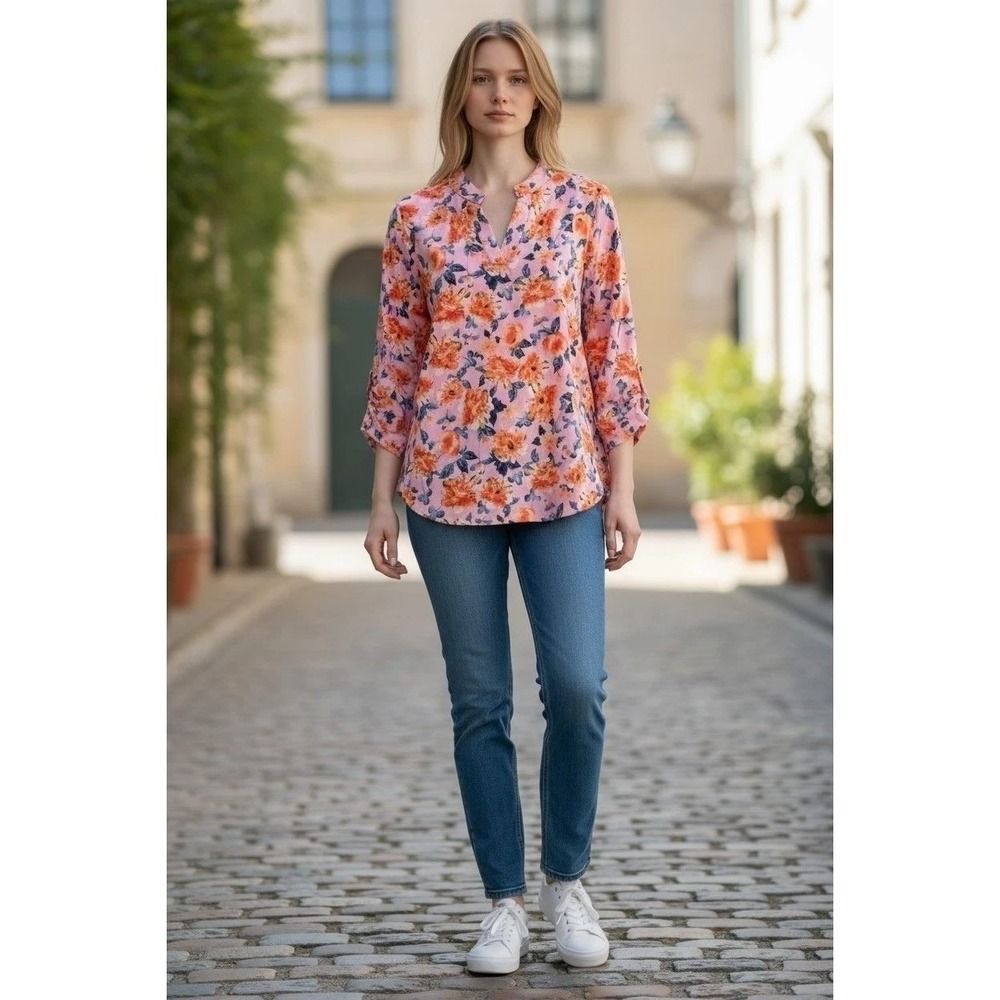 Dear Scarlett Womens Pink Orange Floral Split Neck 3/4 Roll Tab Sleeve Blouse L